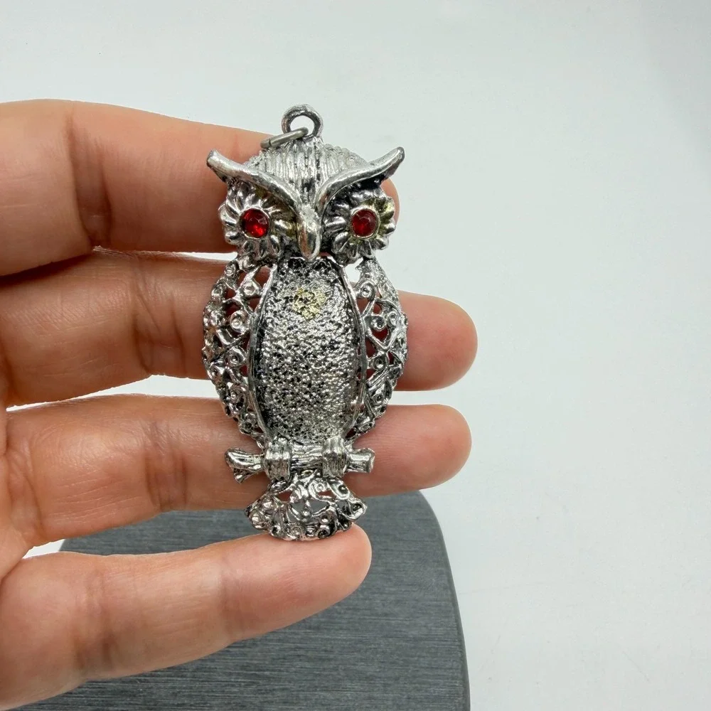 Silver Tone Red Rhinestone Eye Owl Pendant Gothic Halloween Statement Jewelry